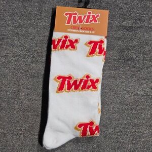 Twix Candy Logo Crew Socks Mens Shoe Size 6-12 White Red Gold Novelty Odd Sox
